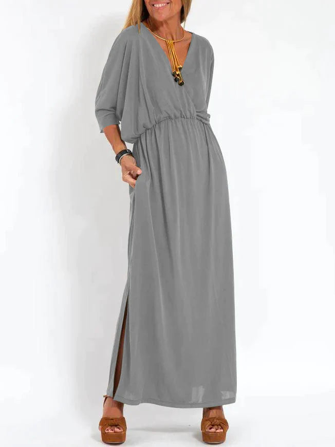 Isabel - Women's Casual Solid Color V Neck Slit Dress