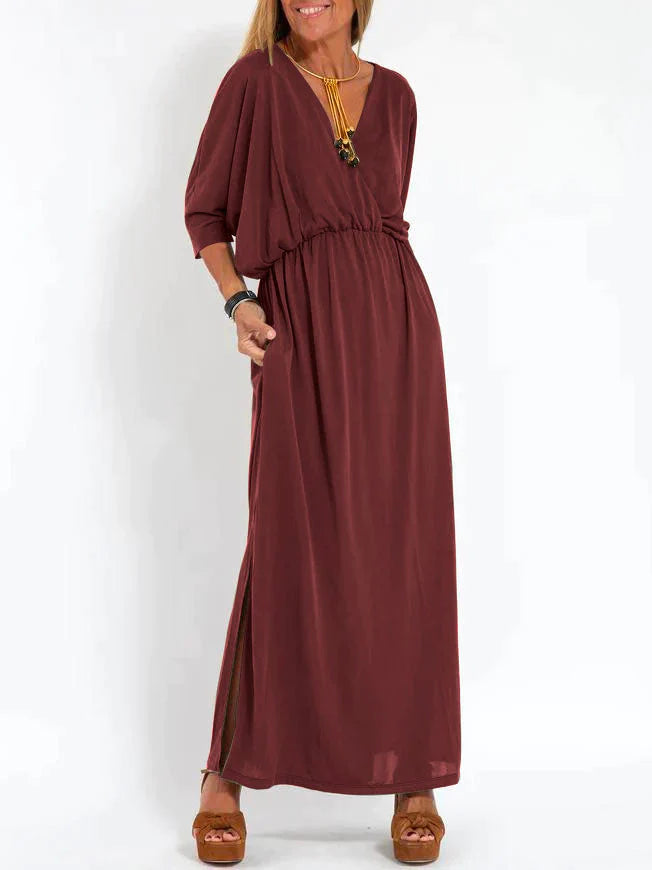 Isabel - Women's Casual Solid Color V Neck Slit Dress