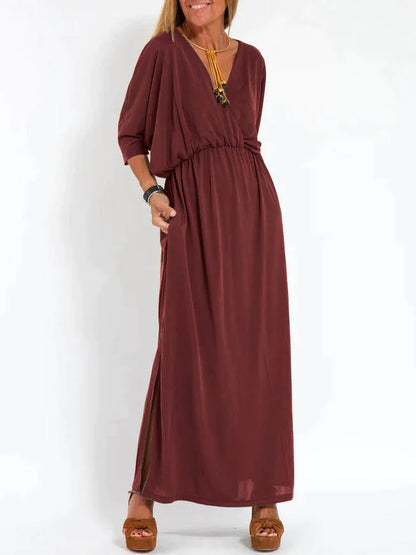 Isabel - Women's Casual Solid Color V Neck Slit Dress