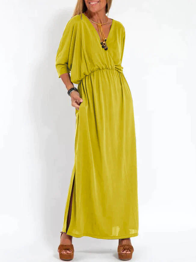 Isabel - Women's Casual Solid Color V Neck Slit Dress