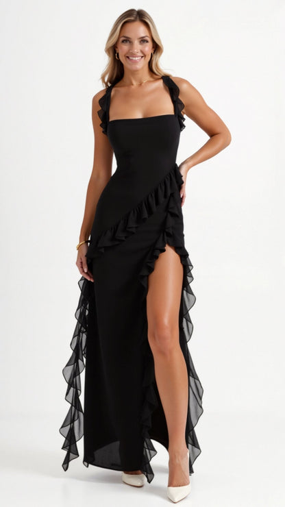 SOLANDRA | PROM DRESS WITH RUFFLE AND SLIT MAXI