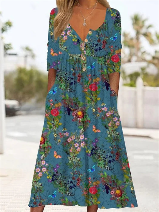 Long pleated dress with button and butterfly floral design