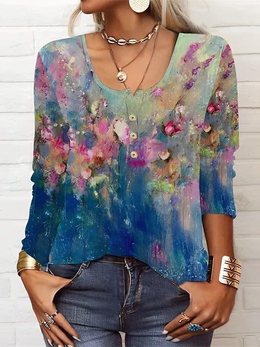 Long sleeve casual t-shirt with round neck and floral print