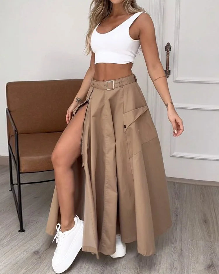 Jennifer - Sleeveless two-piece set with plain color slit